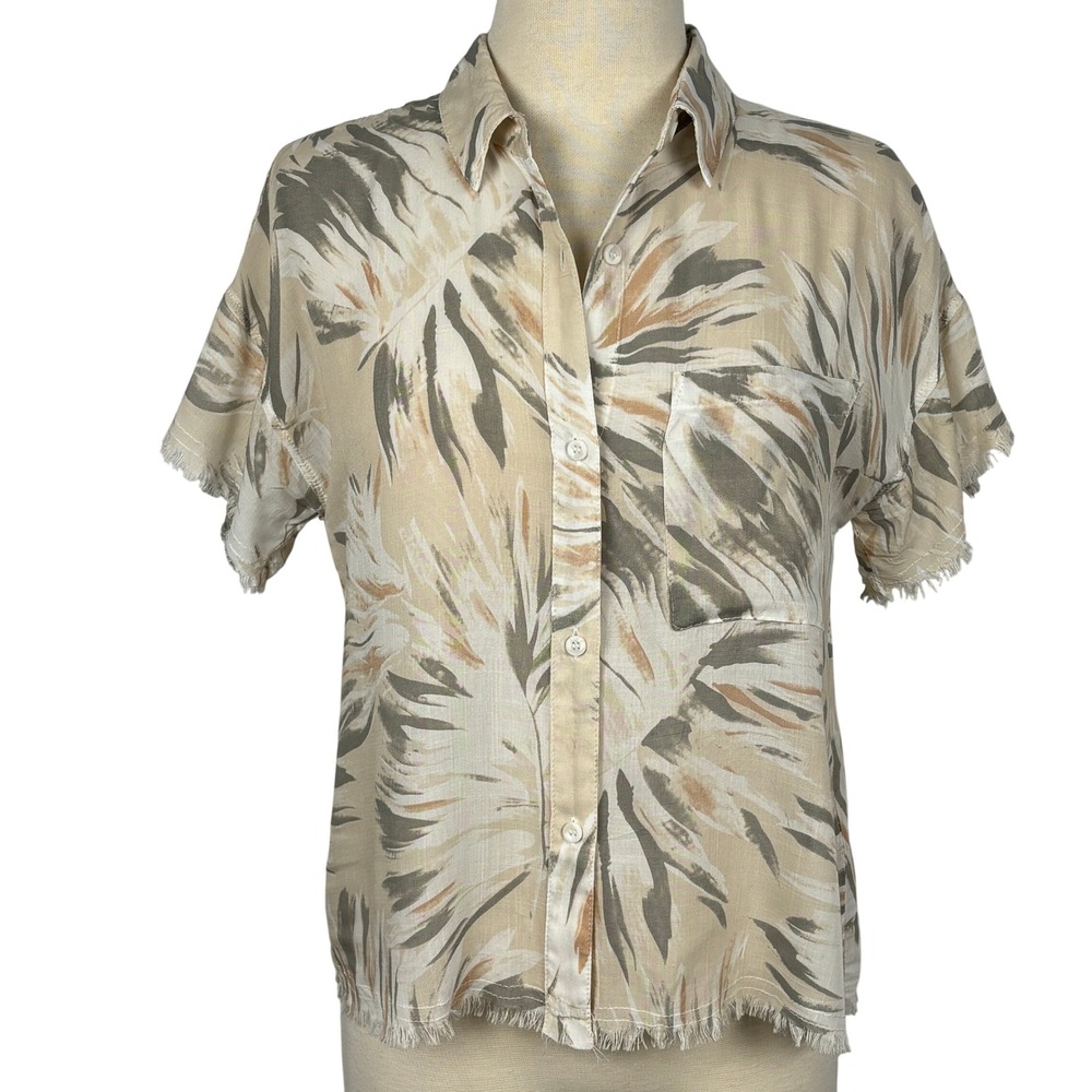 Philosophy XS Abstract Palm Print Button Shirt Raw Hem Short Sleeve Rayon